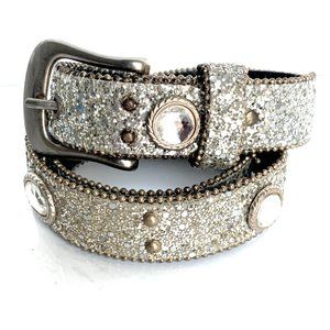 Elite Vintage Silver Glitter Rhinestones Studs Bling Sparkling Western Belt L